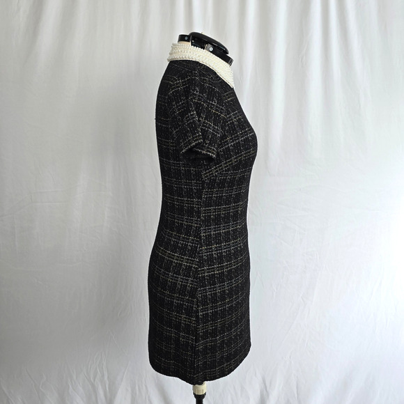 City Triangles Tweed Dress Women's L Black Gold Geo Faux Pearl Collar Mini NWT - Picture 4 of 14